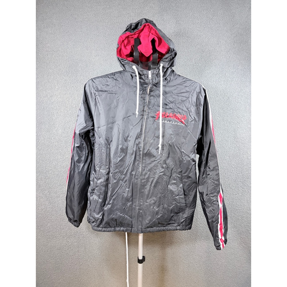 Thrasher Windbreaker Jacket Mens Small Black Red Japanese Logo Hooded Full Zip
